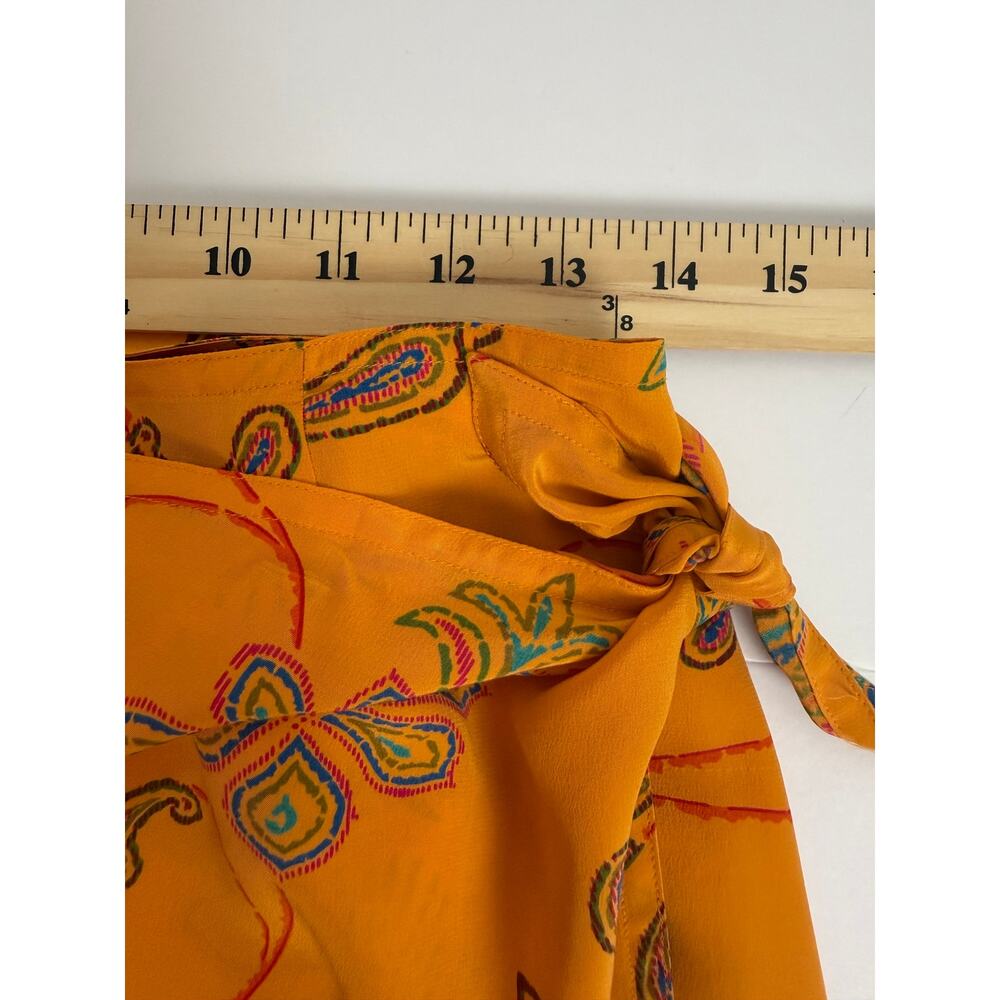 Linda Allard Ellen Tracy 100% Silk Wrap Skirt S Paisley Medallion Gold Mustard - Picture 4 of 6